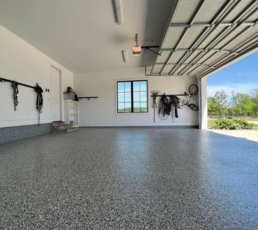 Flake epoxy flooring in garage