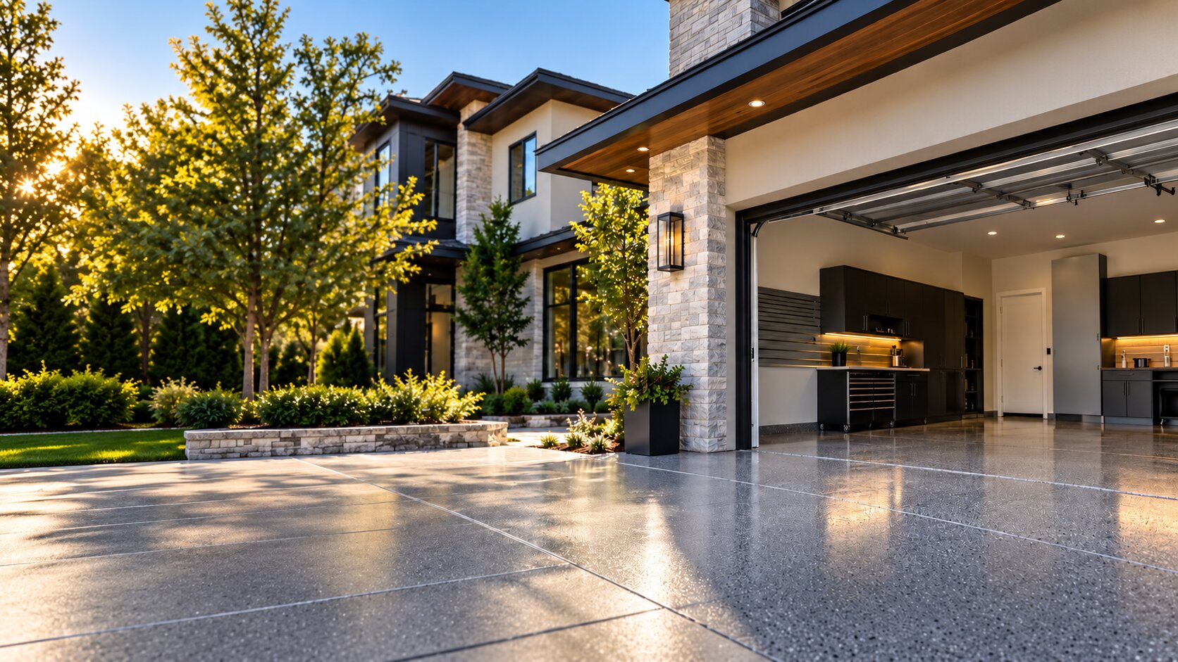 Modern home exterior with epoxy-coated garage floor