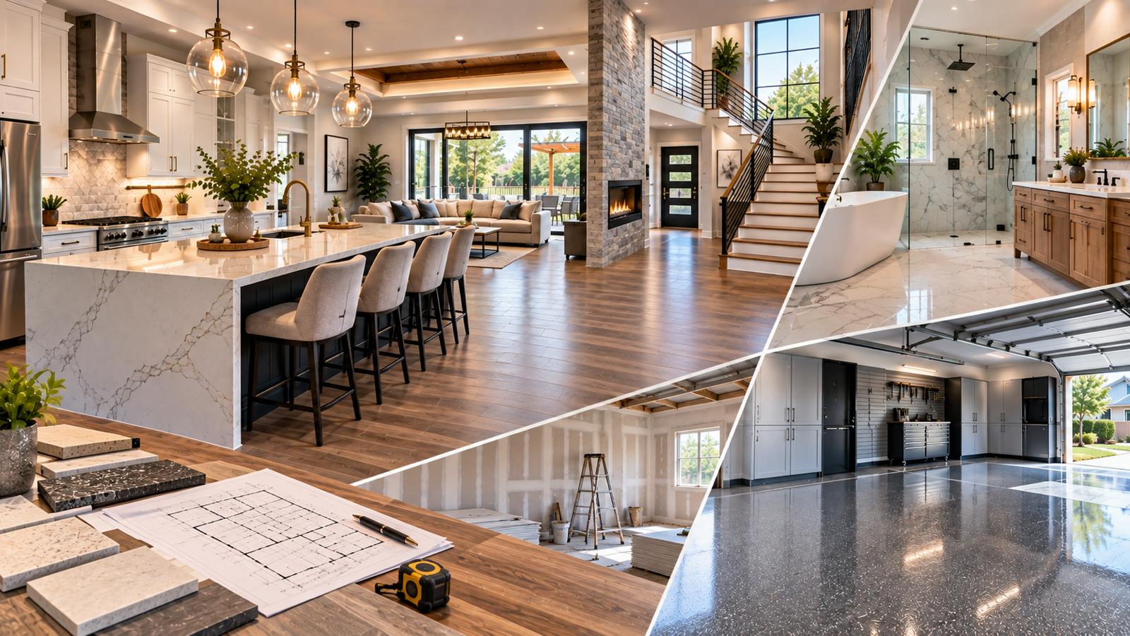 Remodeling services — kitchen, bathroom, drywall, flooring collage
